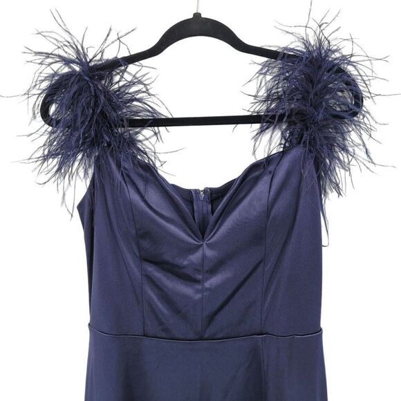 City Vibe Satin Navy Blue Feather-Shoulder Formal Gown Sz 9 Front Slit Prom Gala - Picture 4 of 12
